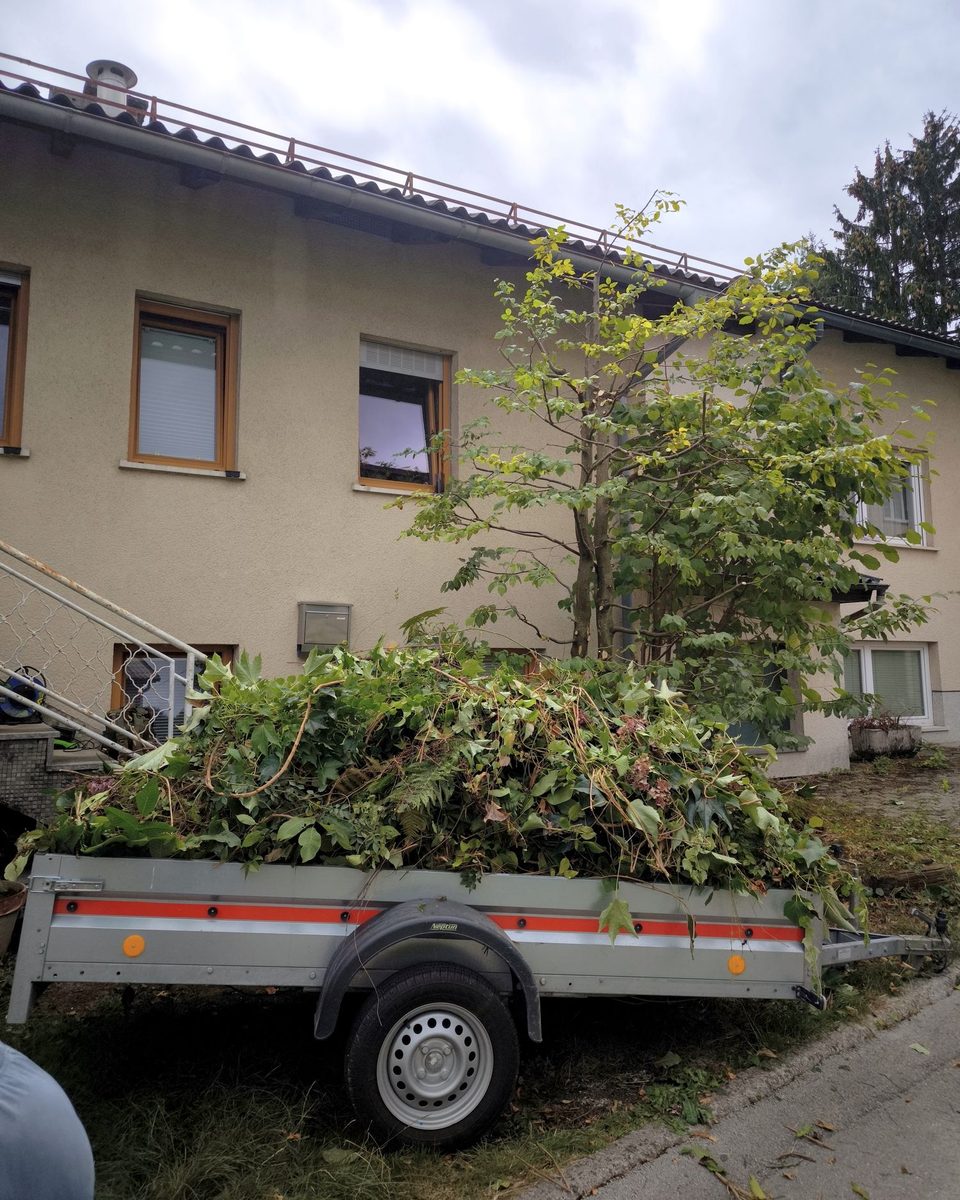 Prikolica, naložena z zloženim odrezom pred hišo